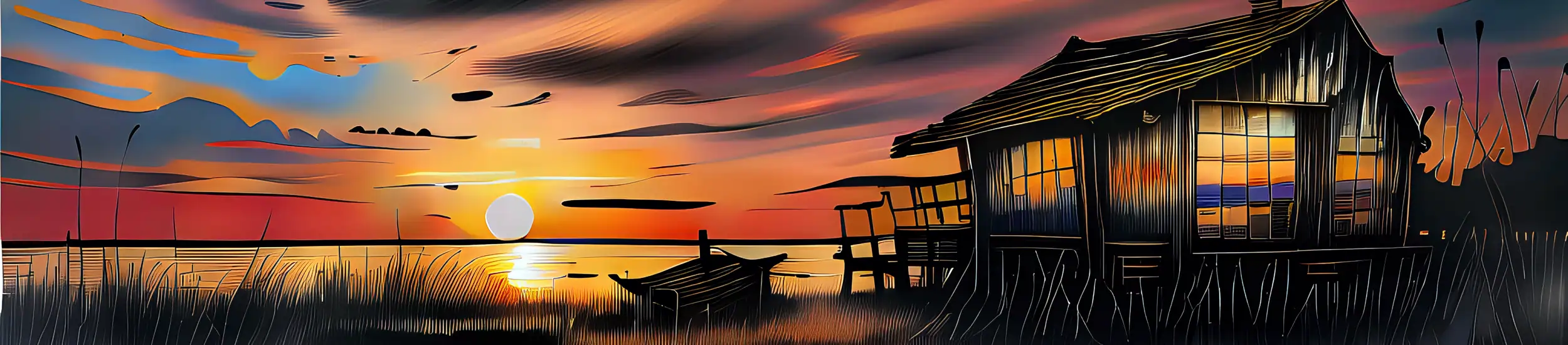An illustration of fish shack in Simmons Bayou, south of Port St. Joe, during a sunset